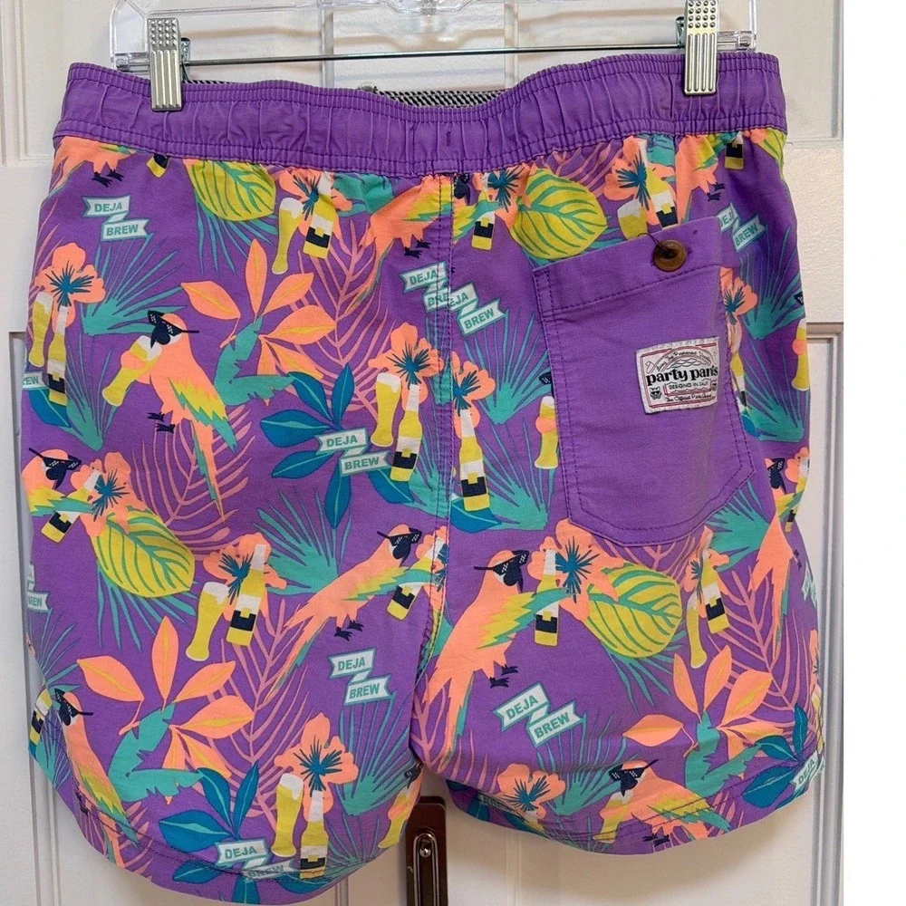 Party‎ Pants Mens Purple Deja Brew Tropical Parrot Beer Swim Trunks Size Medium